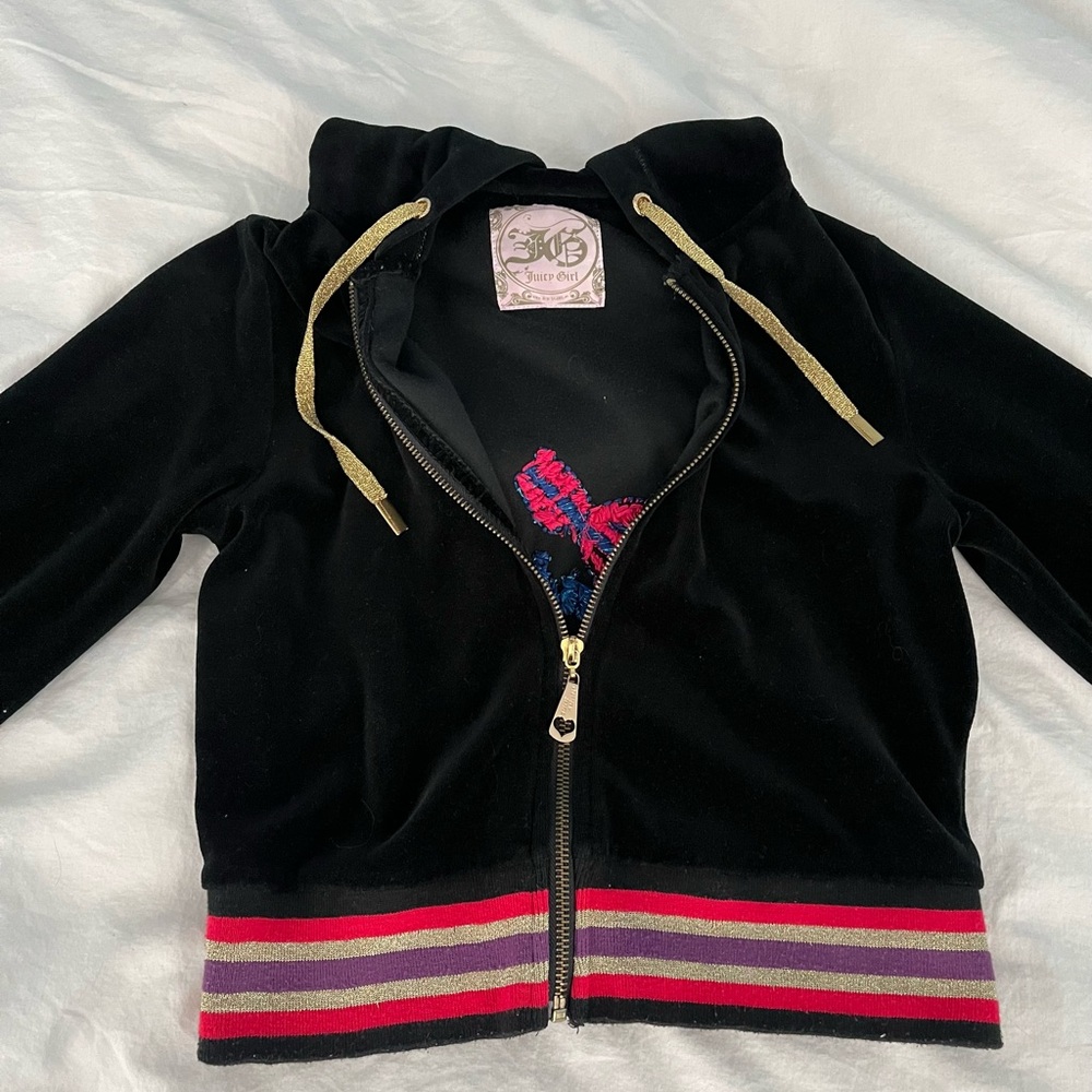 Juicy Girl Black Velour Hoodie with Striped Hem